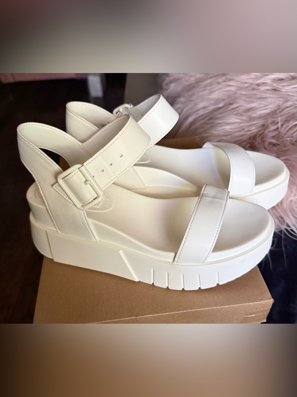 Steve Madde Women's White Platform Sandals with Buckle Strap